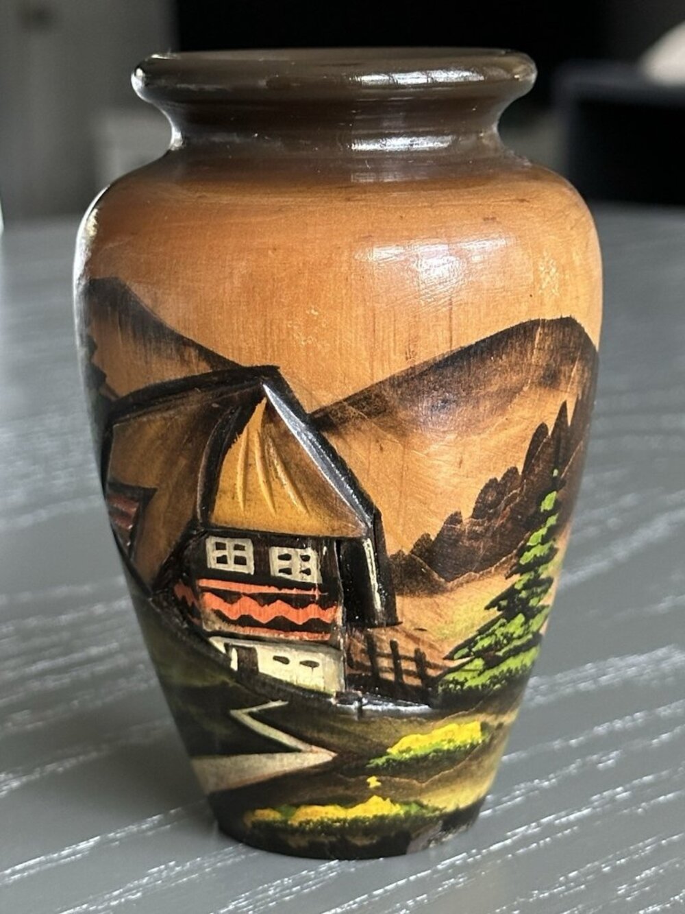 Black Forest Handarbeit Wood Vase German Hand Carved Hand Painted 3D Vintage 4”